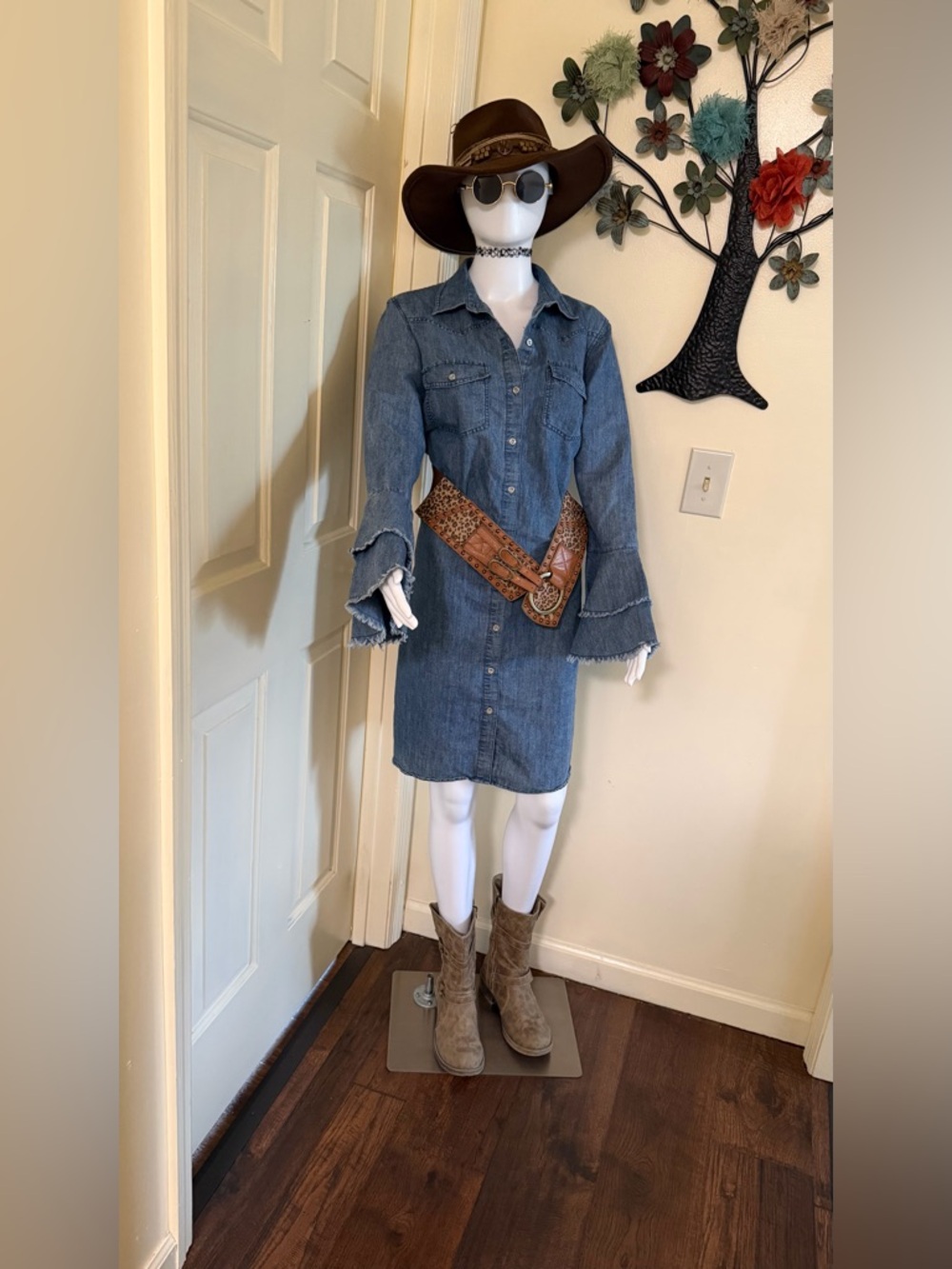 Denim boho western Button-Front Shirt Dress in Classic Blue
